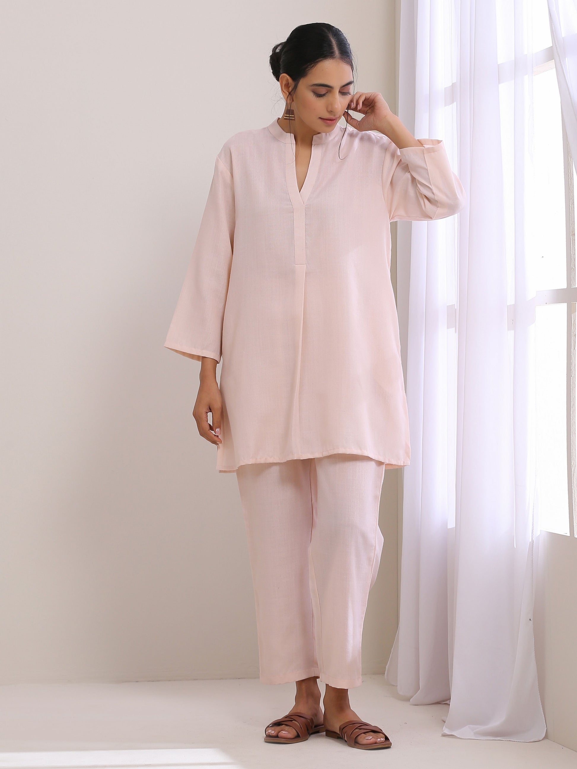 trueBrowns Pink Slub Relaxed Fit Co-Ord Set - Swadesiicart