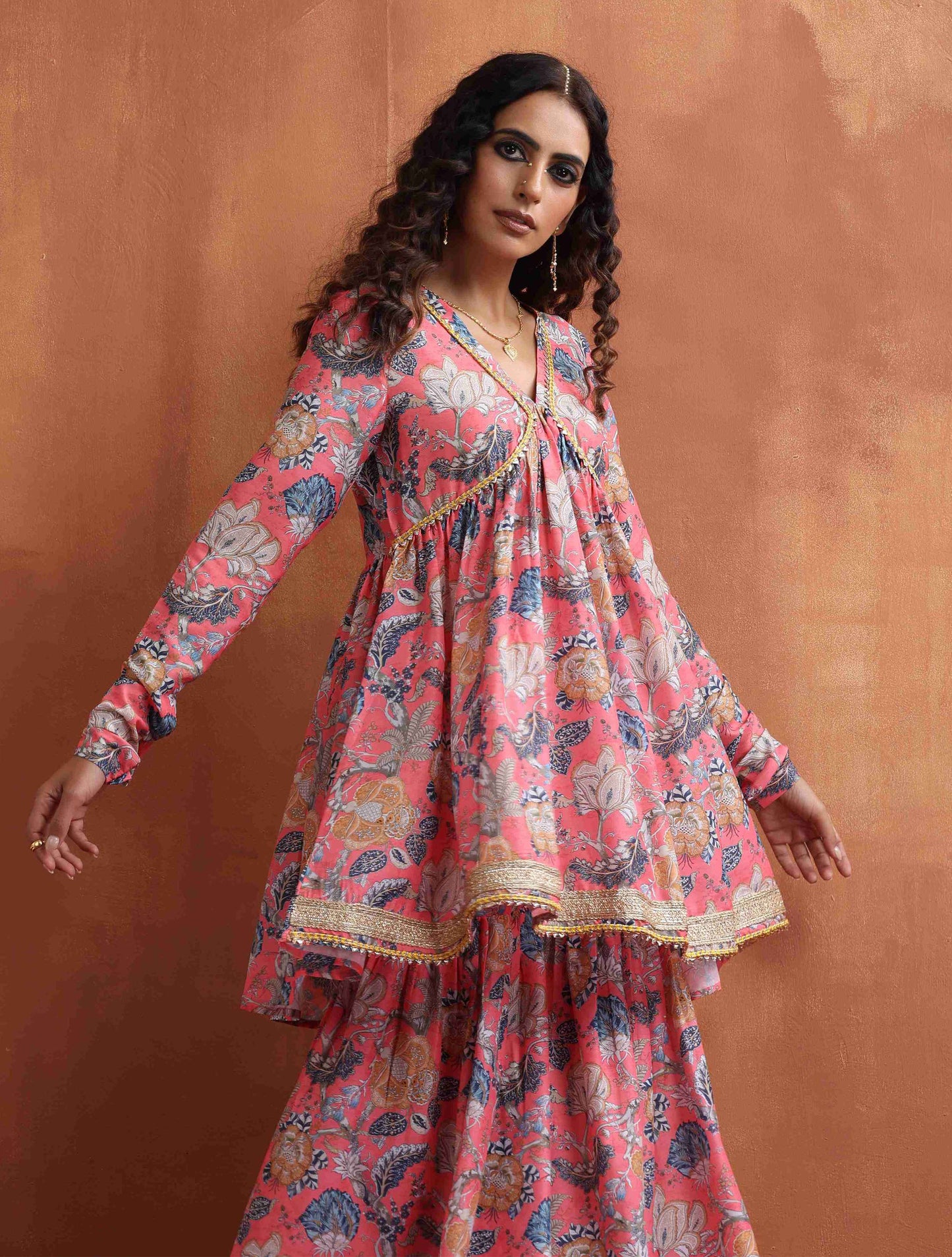 trueBrowns Orange Print Sharara Set | Swadesiicart