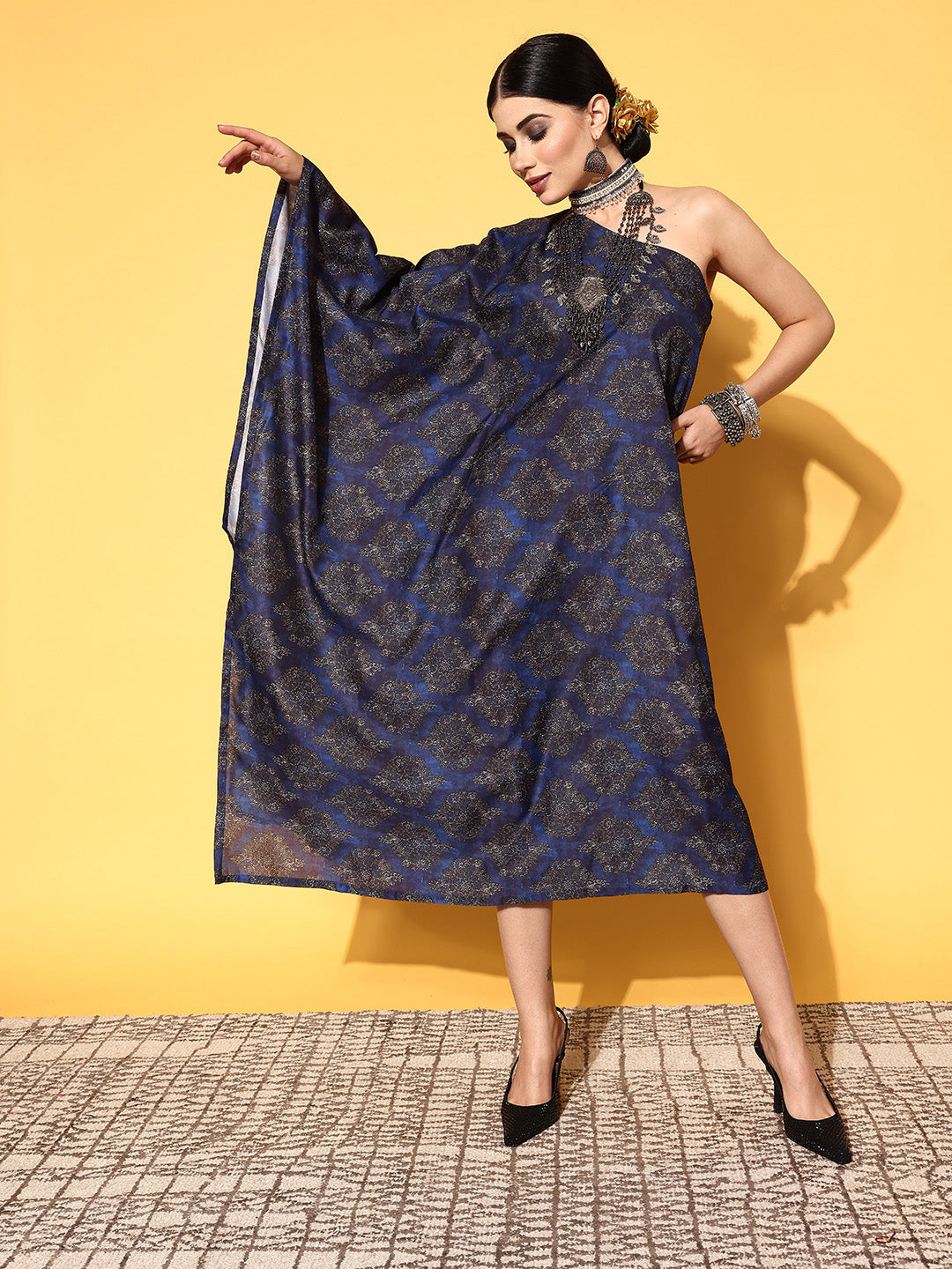 InWeave Women's Indigo Boota Print One Shoulder Kaftan Dress - Swadesiicart