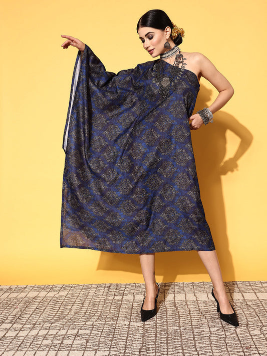 InWeave Women's Indigo Boota Print One Shoulder Kaftan Dress - Swadesiicart