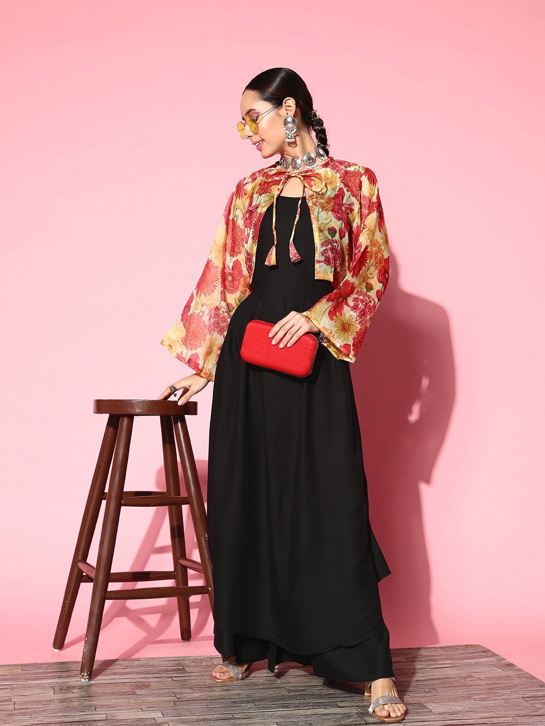 InWeave Women's Black Strappy Set With Red Pink Floral Short Organza Cape - Swadesiicart