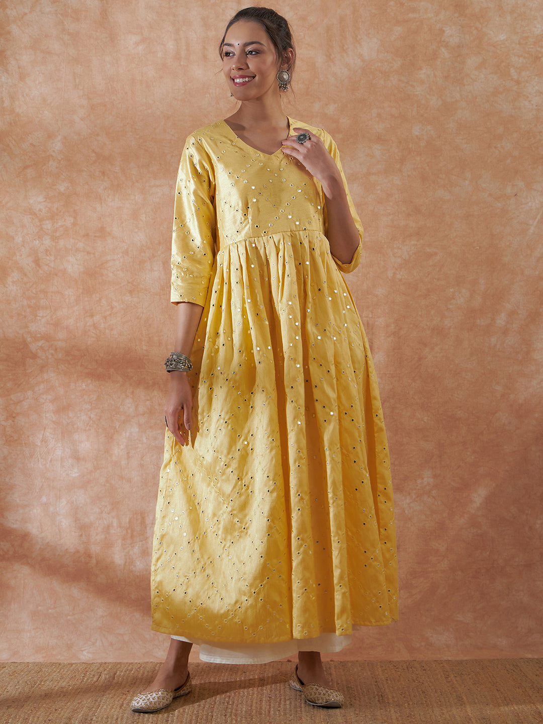 InWeave Women's Light Yellow Mirror Work Long Anarkali Kurta - Swadesiicart