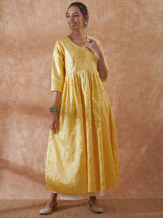 InWeave Women's Light Yellow Mirror Work Long Anarkali Kurta - Swadesiicart