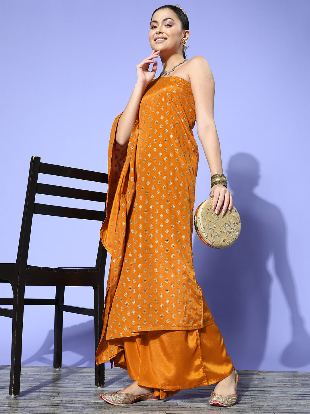 InWeave Women's Mustard Gold Print One Shoulder Kurta Set - Swadesiicart
