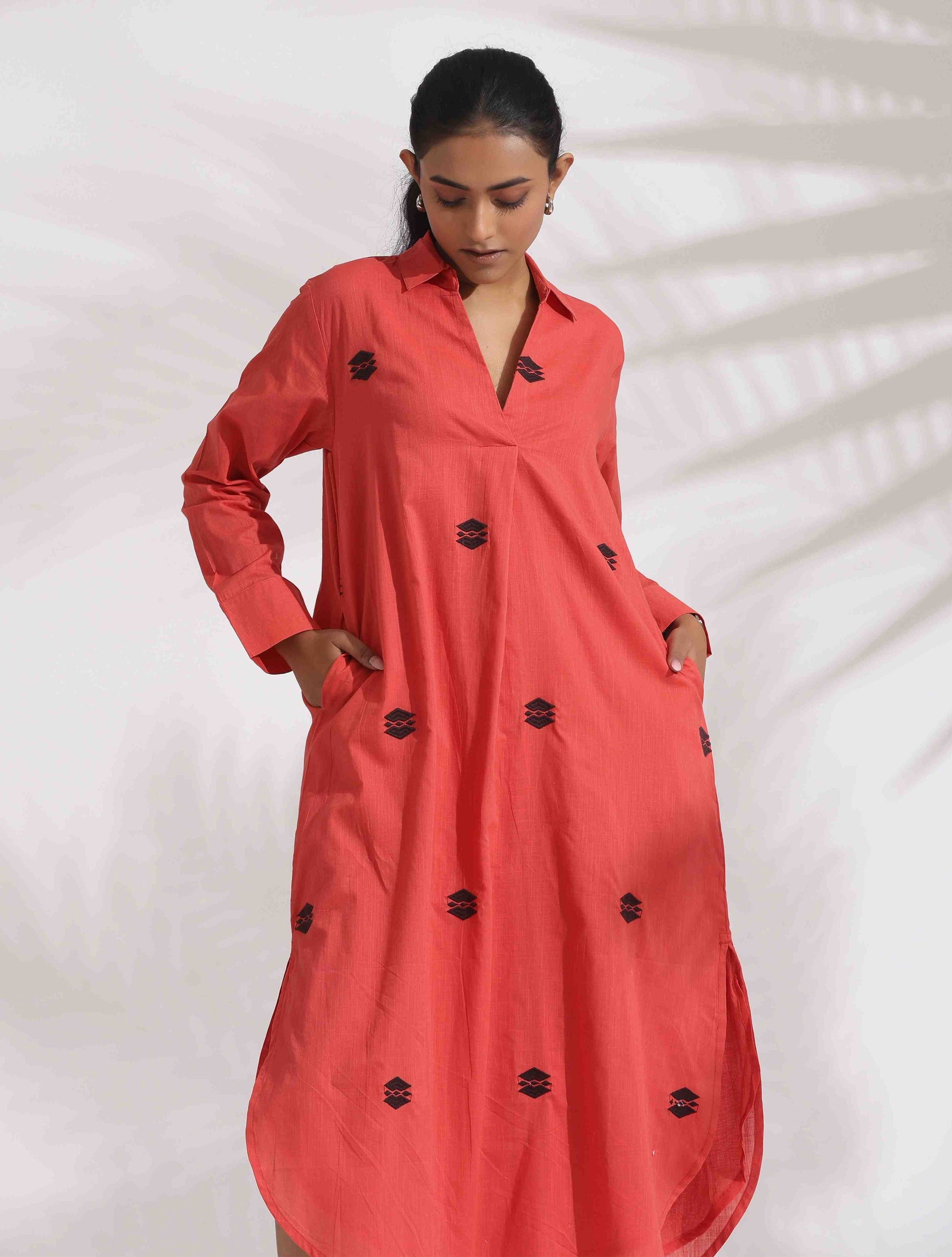 trueBrowns Orange Cotton Embroidered Flared Dress | Swadesiicart