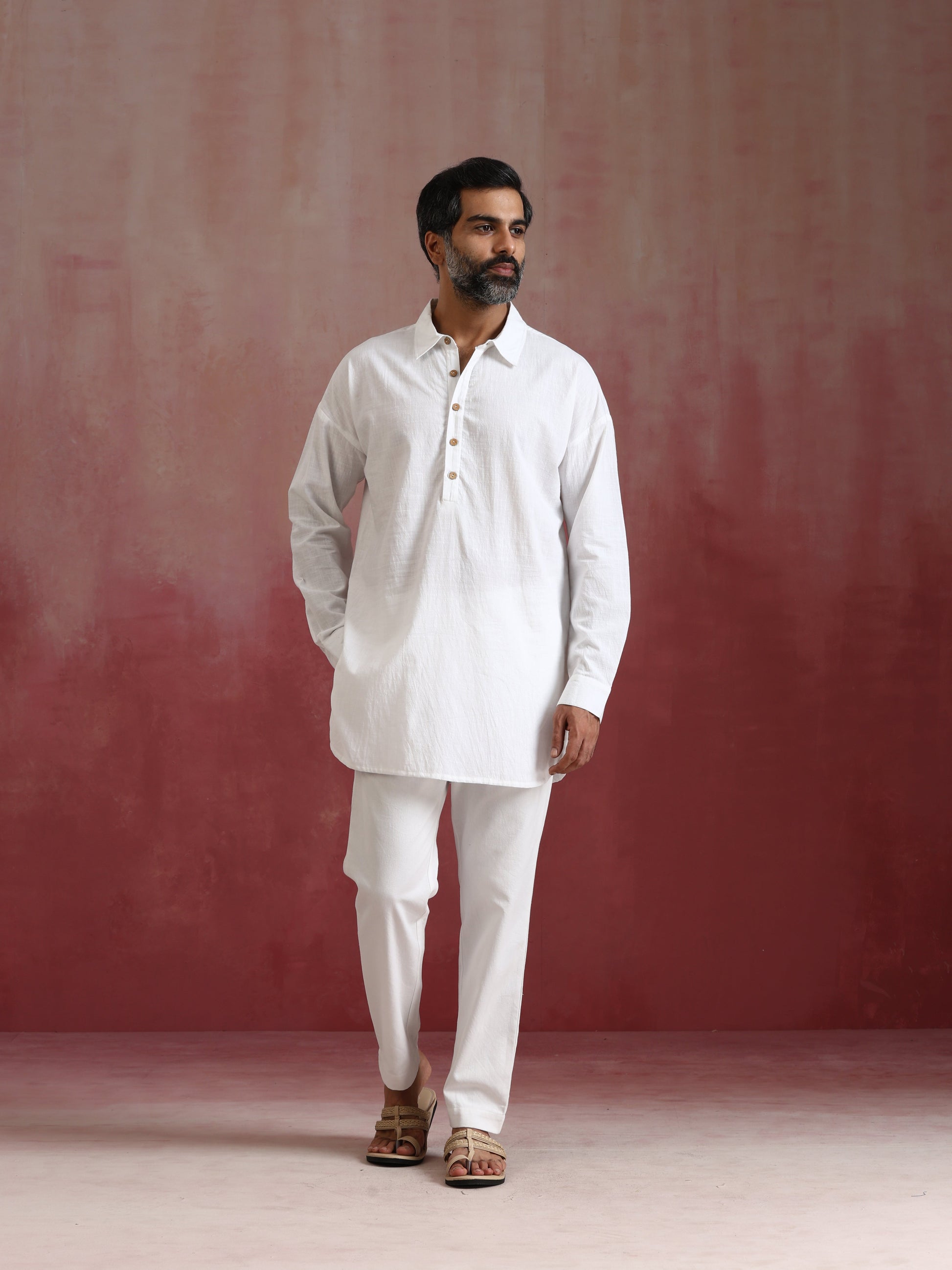 trueBrowns Men's White Cotton Shirt Collar Stylized Kurta Co-ord set - Swadesiicart