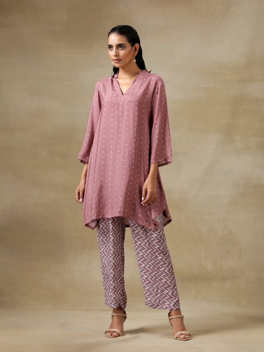 trueBrowns Dark Mauve Bandhani Printed Silk Collared Co-Ord Set - Swadesiicart
