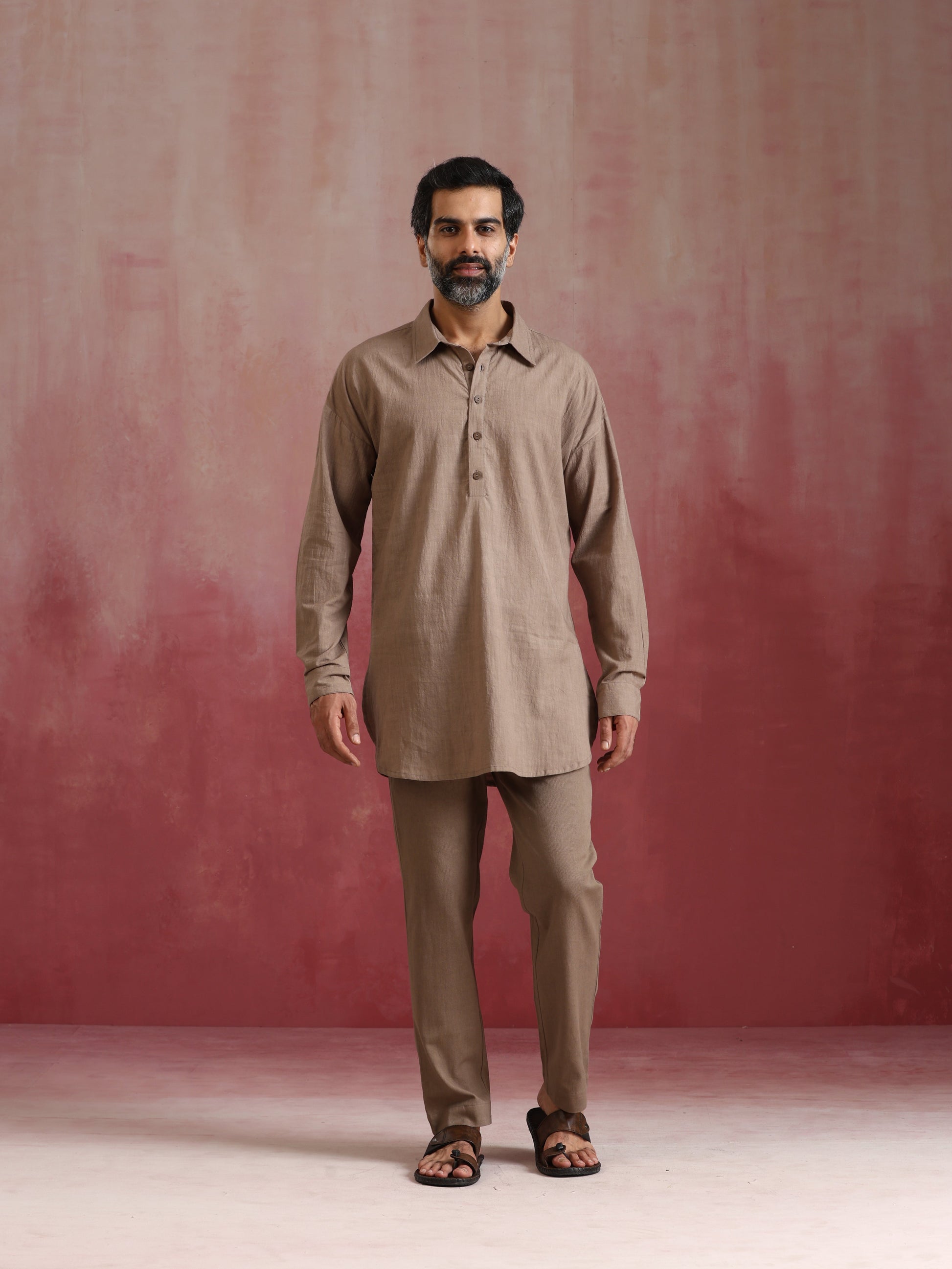 trueBrowns Men's Grey Cotton Shirt Collar Stylized Kurta Co-ord set - Swadesiicart