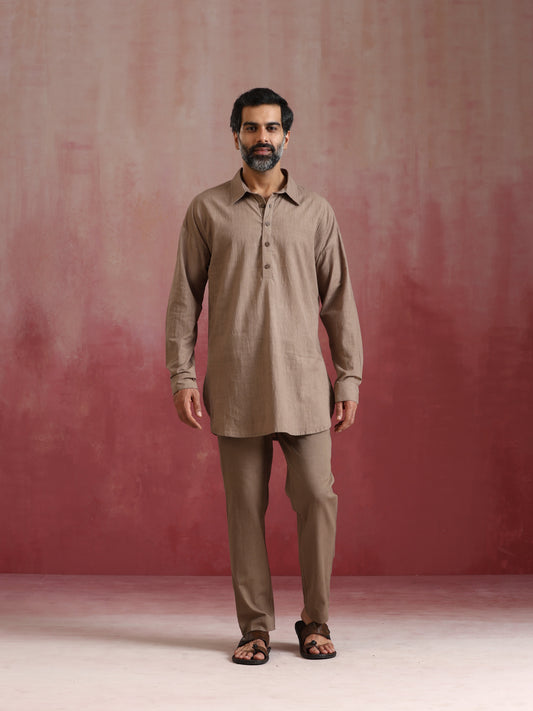 trueBrowns Men's Grey Cotton Shirt Collar Stylized Kurta Co-ord set - Swadesiicart