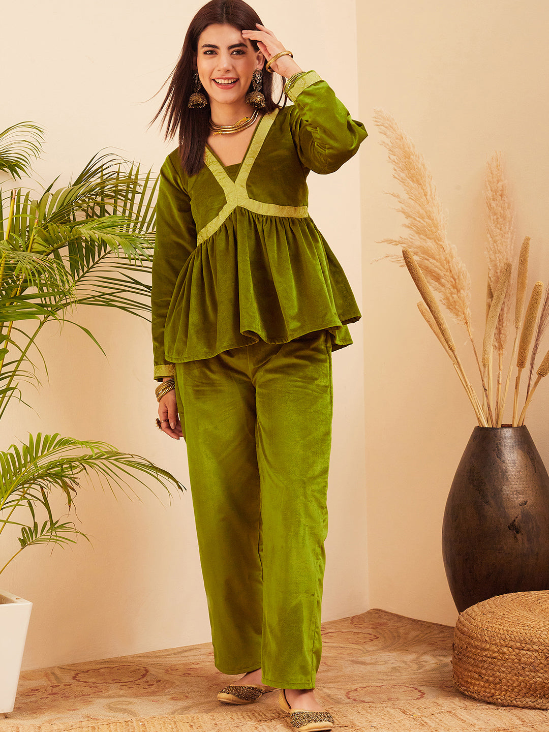 InWeave Women's Olive Mughal Shaan Style Velvet Short Kurta Set - Swadesiicart