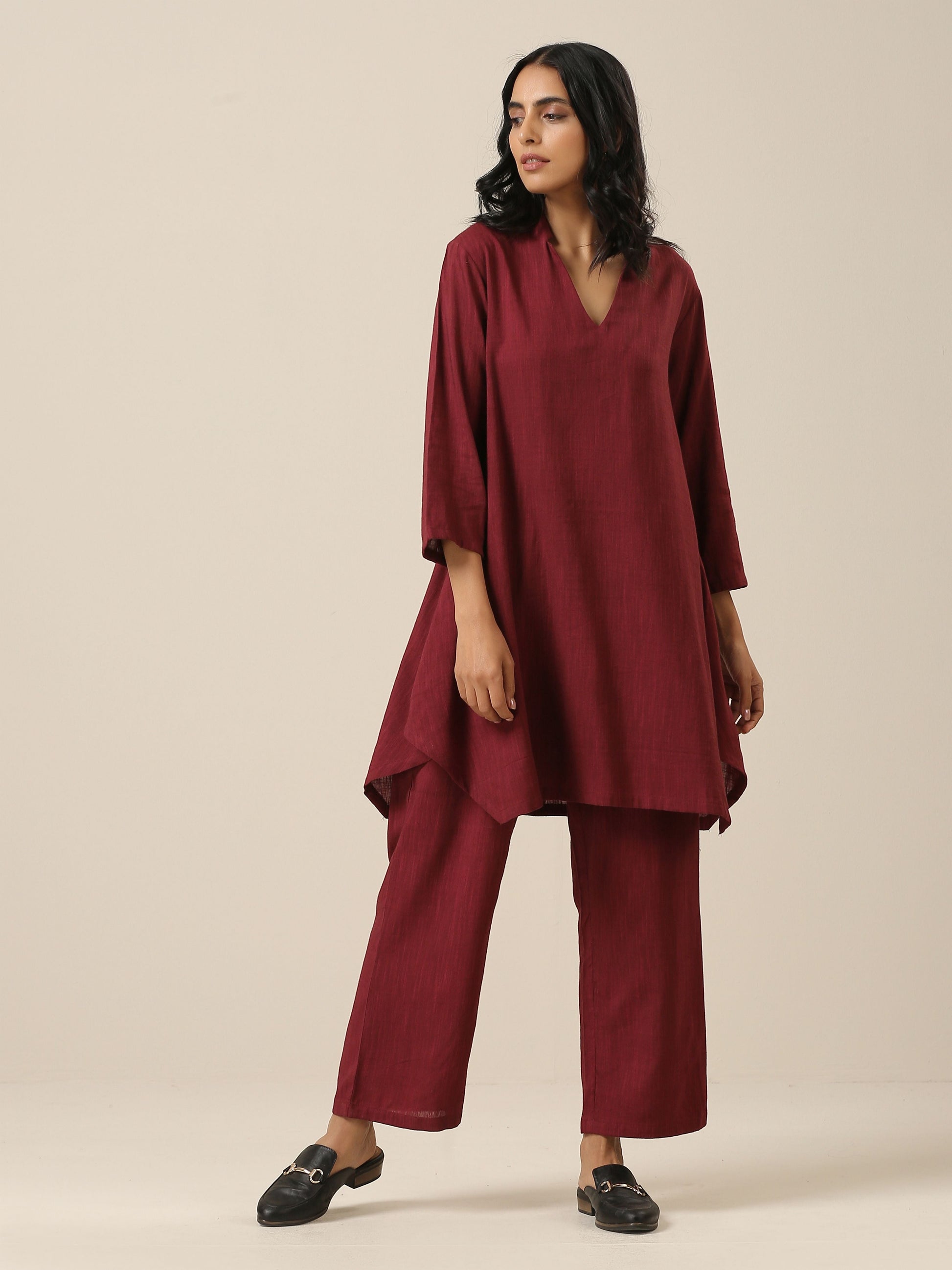 trueBrowns Ruby Wine Slub Textured Collar Co-Ord Set - Swadesiicart