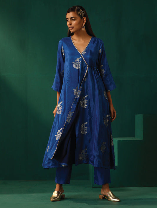 trueBrowns Royal Blue Floral Viscose Silk Angrakha Kurta Pant Set | Swadesiicart