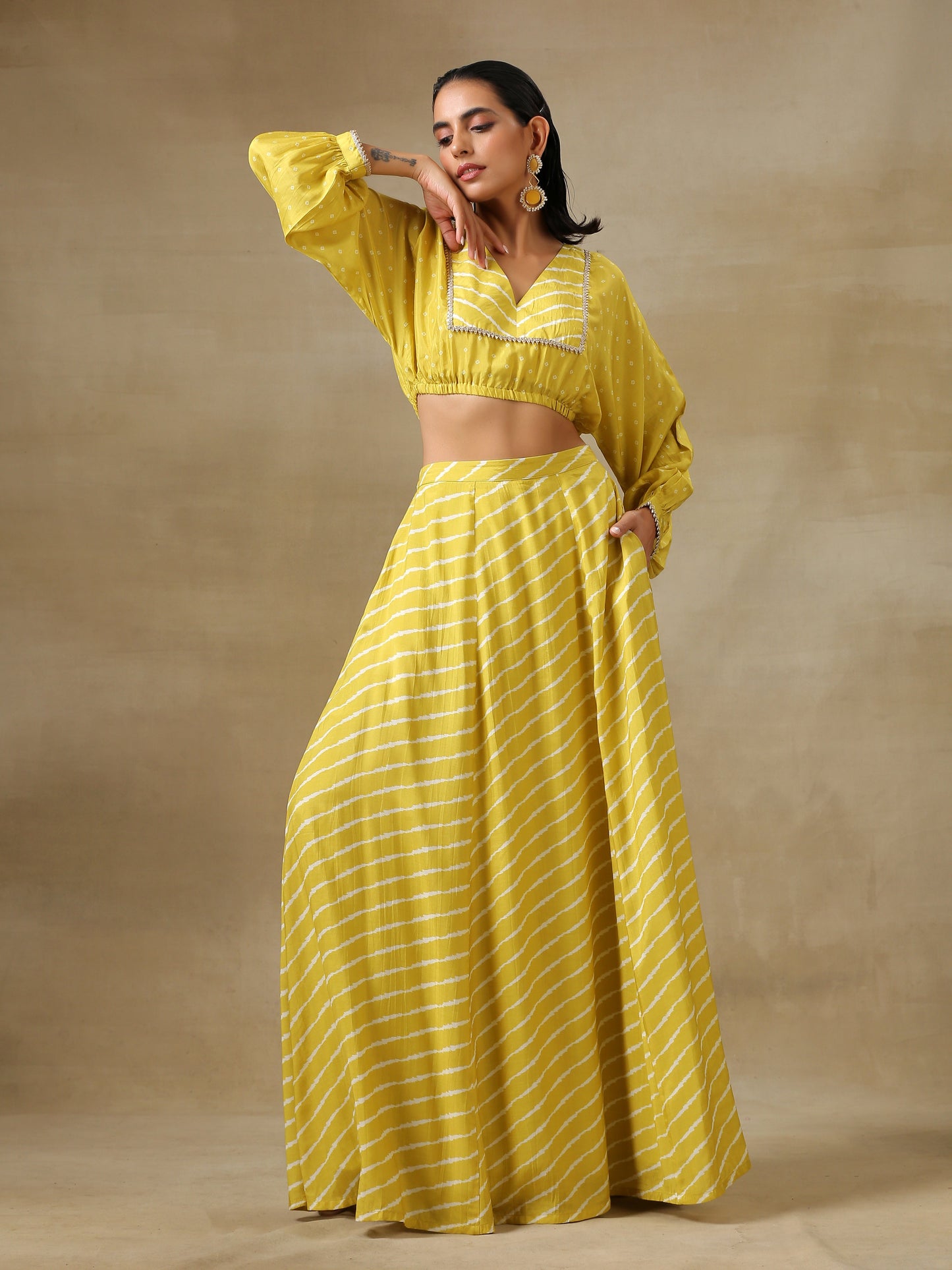 trueBrowns Lime Green Bandhani Printed Silk Top Skirt Set - Swadesiicart