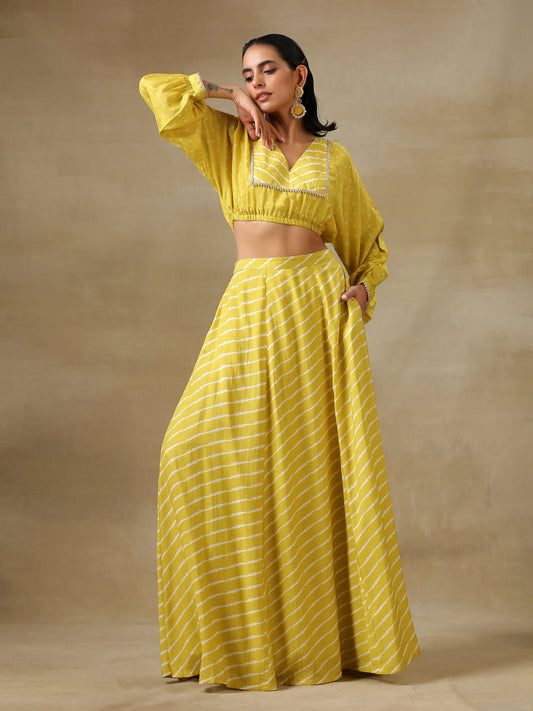trueBrowns Lime Green Bandhani Printed Silk Top Skirt Set - Swadesiicart