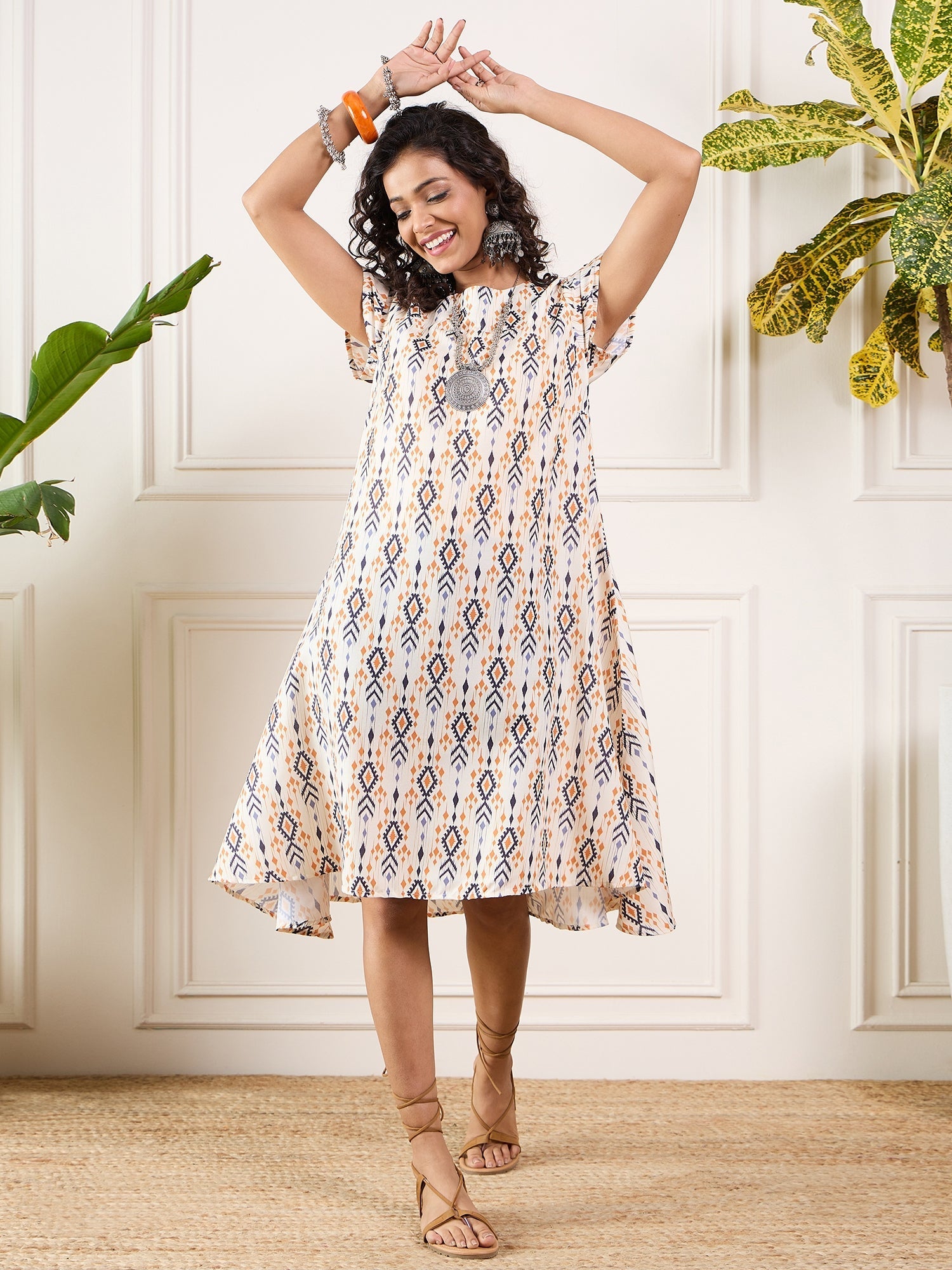 InWeave Off White Orange Black Ikkat Print Round Neck Aline Dress - Swadesiicart