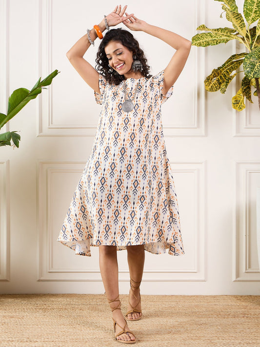 InWeave Off White Orange Black Ikkat Print Round Neck Aline Dress - Swadesiicart