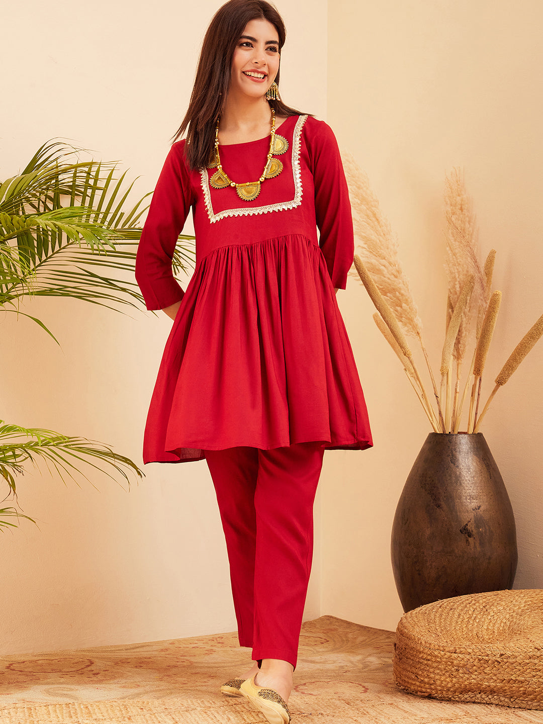 InWeave Women's Maroon Round Neck Square Gota Work Kurta Pant Set - Swadesiicart