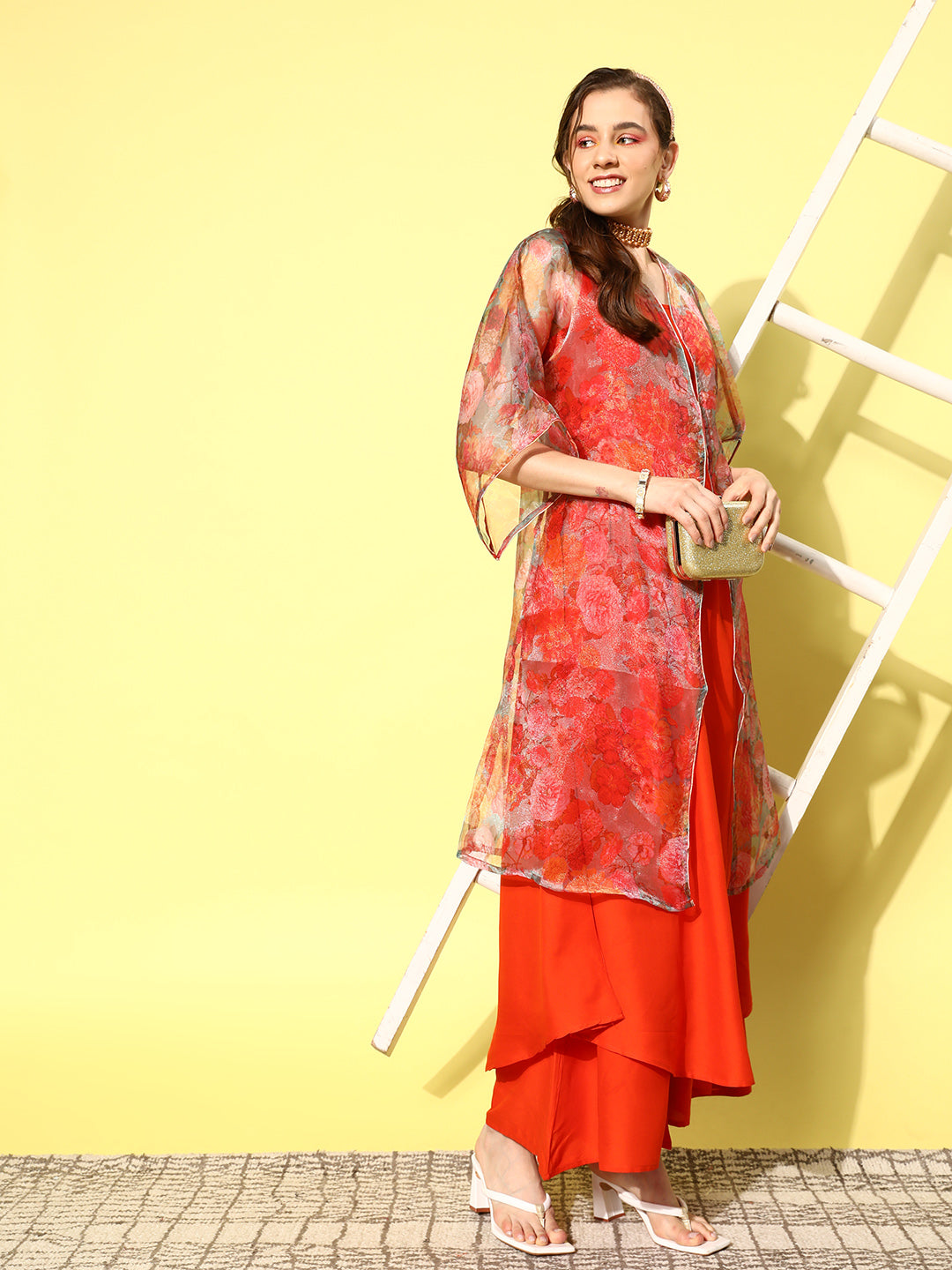 InWeave Women's Orange Strappy Set W Green Organza Cape - Swadesiicart