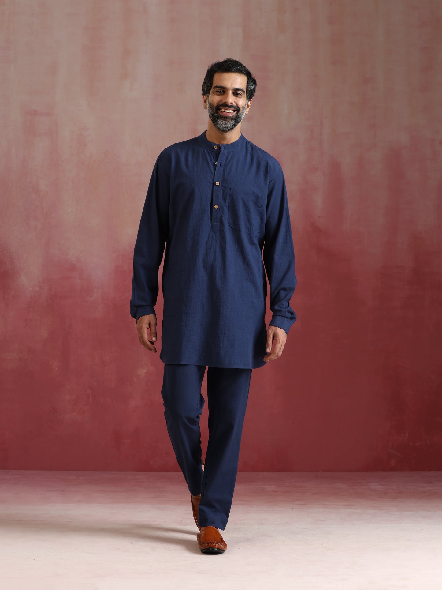 trueBrowns Men's Navy Cotton Mandarin Collar Kurta Co-ord set - Swadesiicart