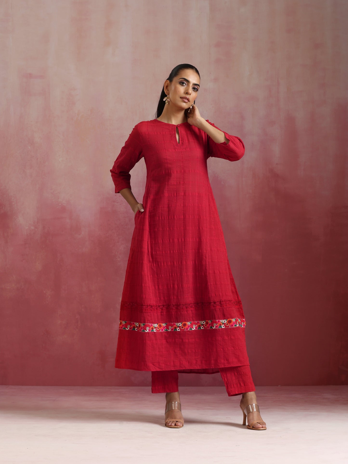 trueBrowns Red Cotton Dobby Flared Kurta Set | Swadesiicart