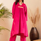 InWeave Women's Magenta V Neck Asymmetrical Pleated Velvet Kurta Set - Swadesiicart
