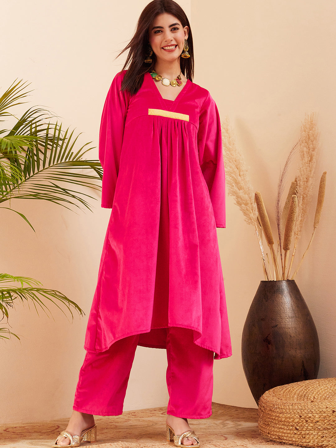 InWeave Women's Magenta V Neck Asymmetrical Pleated Velvet Kurta Set - Swadesiicart