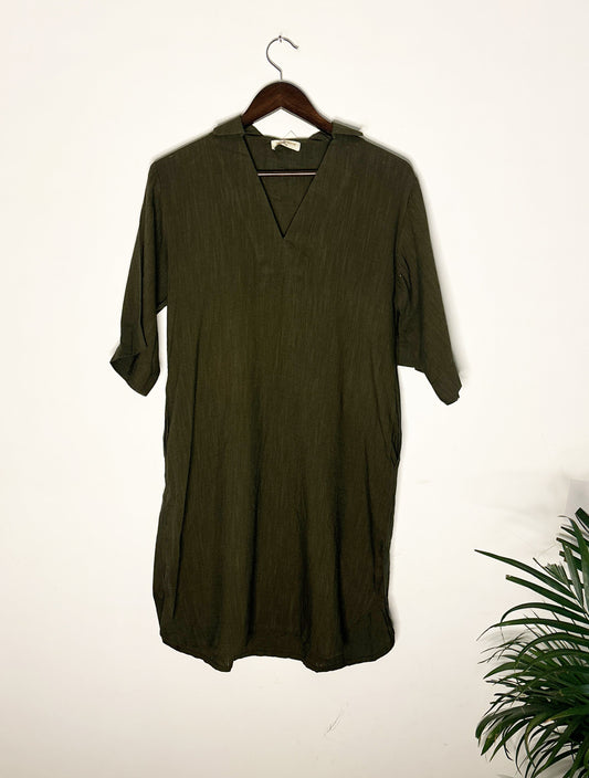 trueBrowns Olive Green Slub Collared Top | Swadesiicart