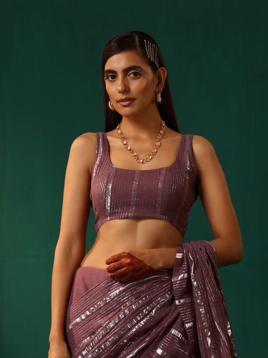trueBrowns Mauve Cotton Silver Lurex Scoop Neck Sleeveless Blouse | Swadesiicart