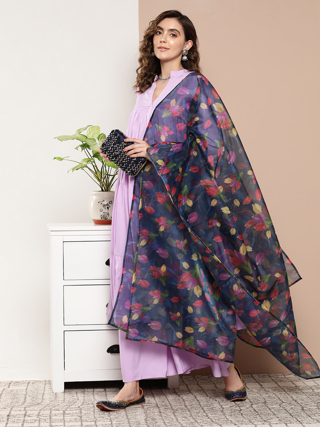 InWeave Women's Mauve Tiered Anarkali Kurta Set - Swadesiicart
