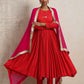 trueBrowns Red Crinkle Anarkali Kurta Pant Dupatta Set | Swadesiicart