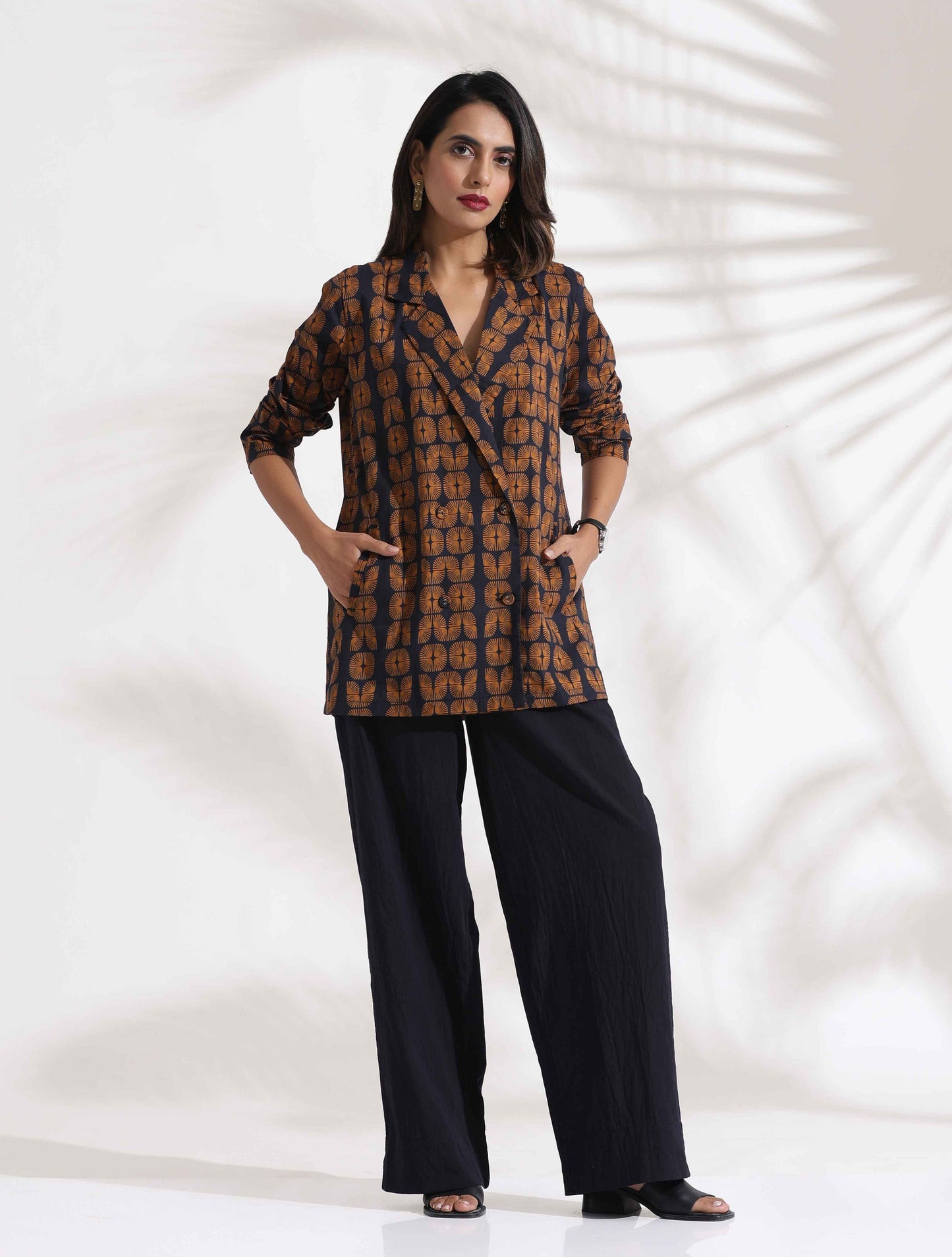 trueBrowns Black Cotton Print Jacket Top Co-ord Set - Swadesiicart