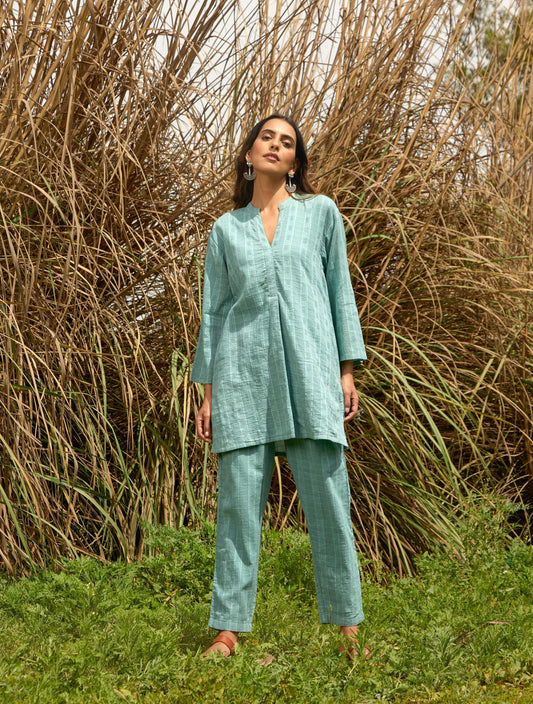 trueBrowns Light Blue Cotton Dobby Relaxed Co-ord Set - Swadesiicart