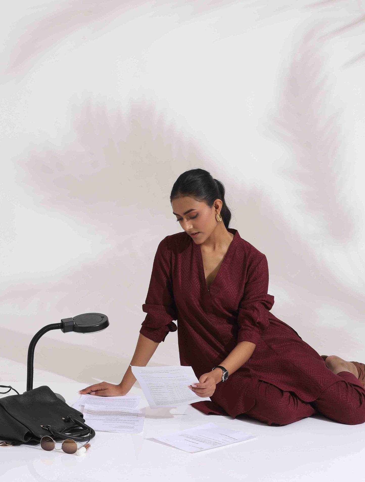 trueBrowns Maroon Dobby Co-ord Set - Swadesiicart