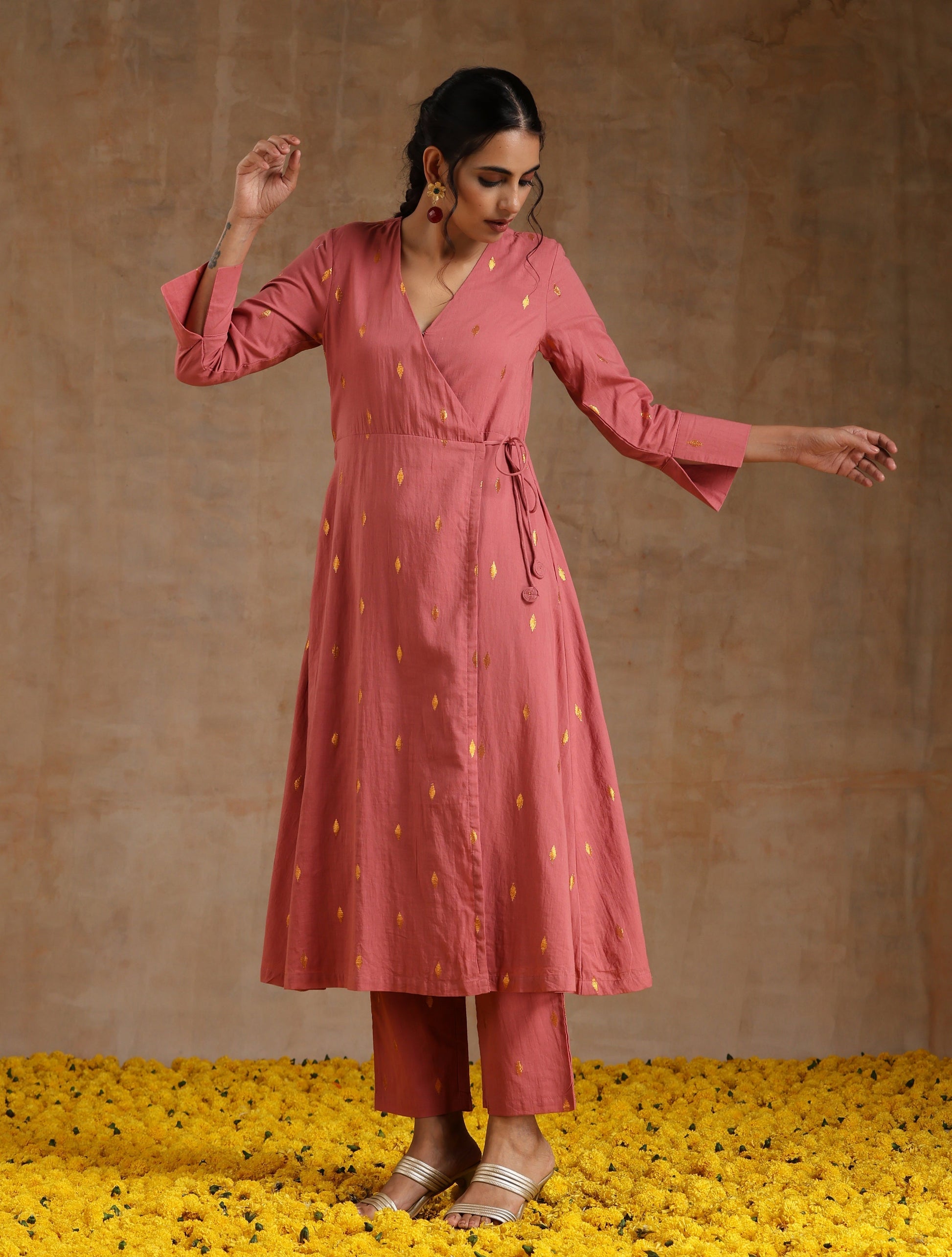 trueBrowns Blush Gold Cotton Angrakha Kurta Set | Swadesiicart