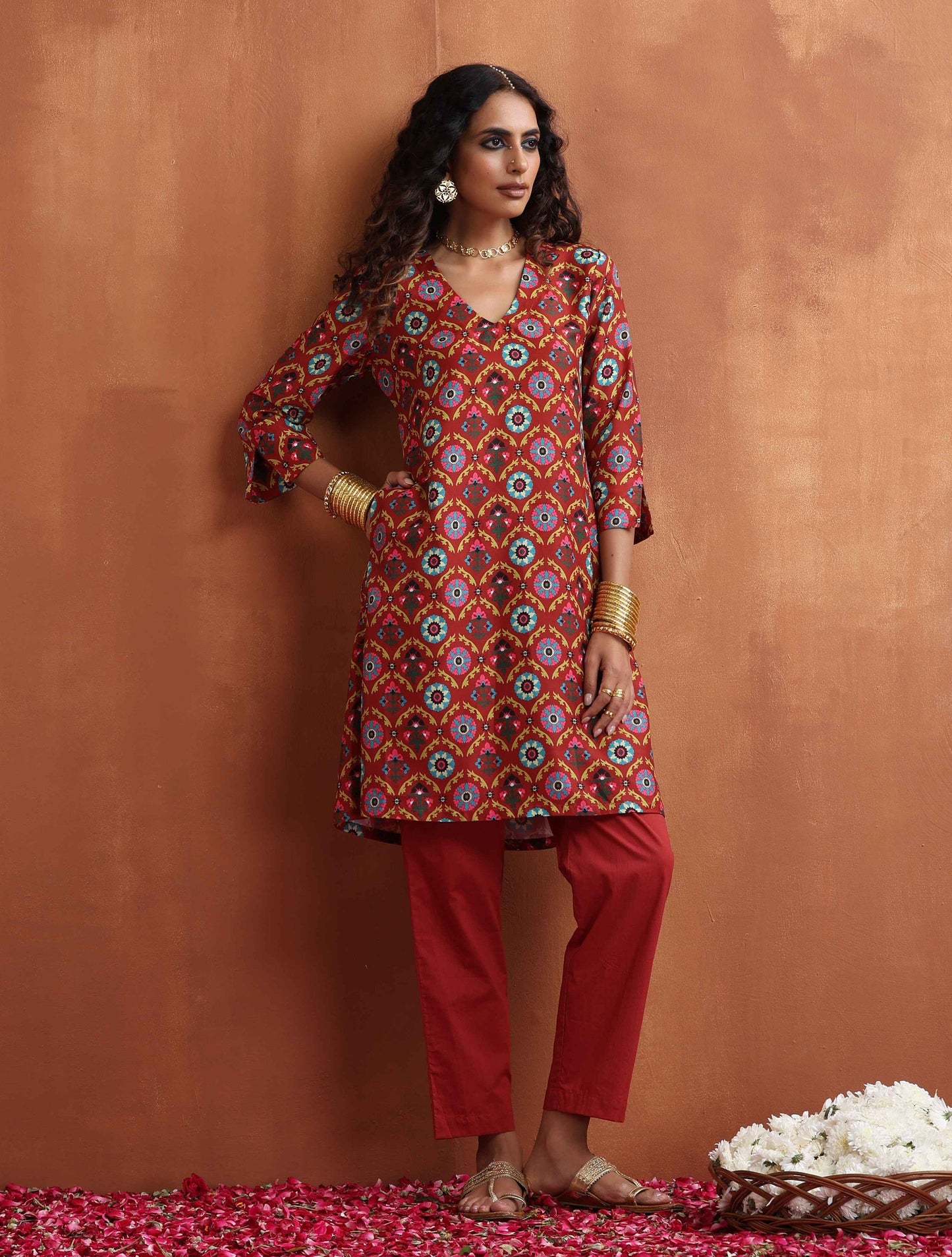 trueBrowns Rust Print Kurta Co-ord Set - Swadesiicart