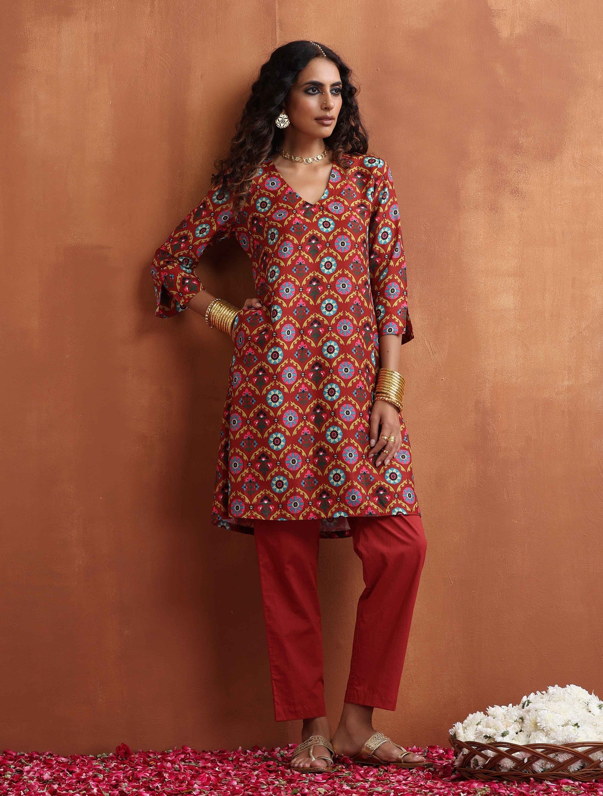 trueBrowns Rust Print Kurta Co-ord Set - Swadesiicart
