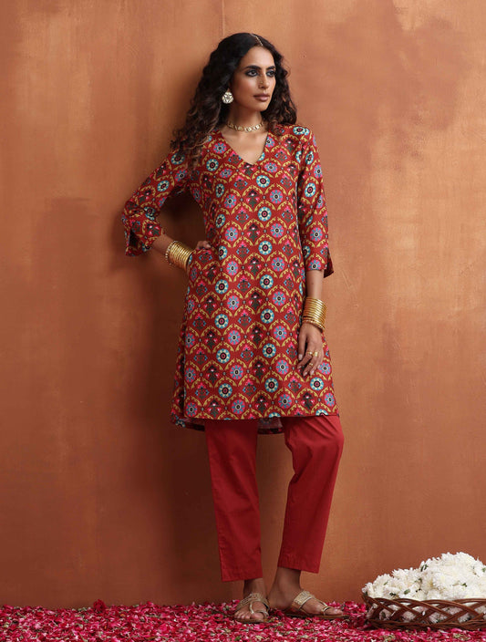 trueBrowns Rust Print Kurta Co-ord Set - Swadesiicart