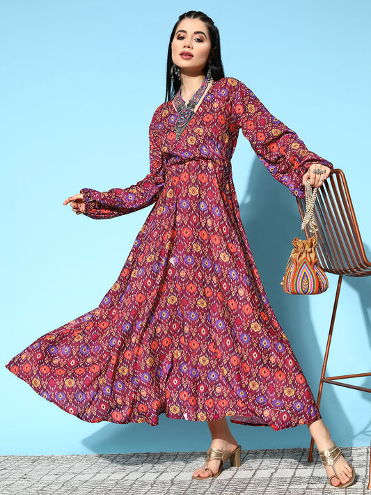 InWeave Women's Wine Edgy Print Dress - Swadesiicart