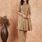 InWeave Women's Pear Green Orange Floral Print Flared Kurta Pant Set - Swadesiicart