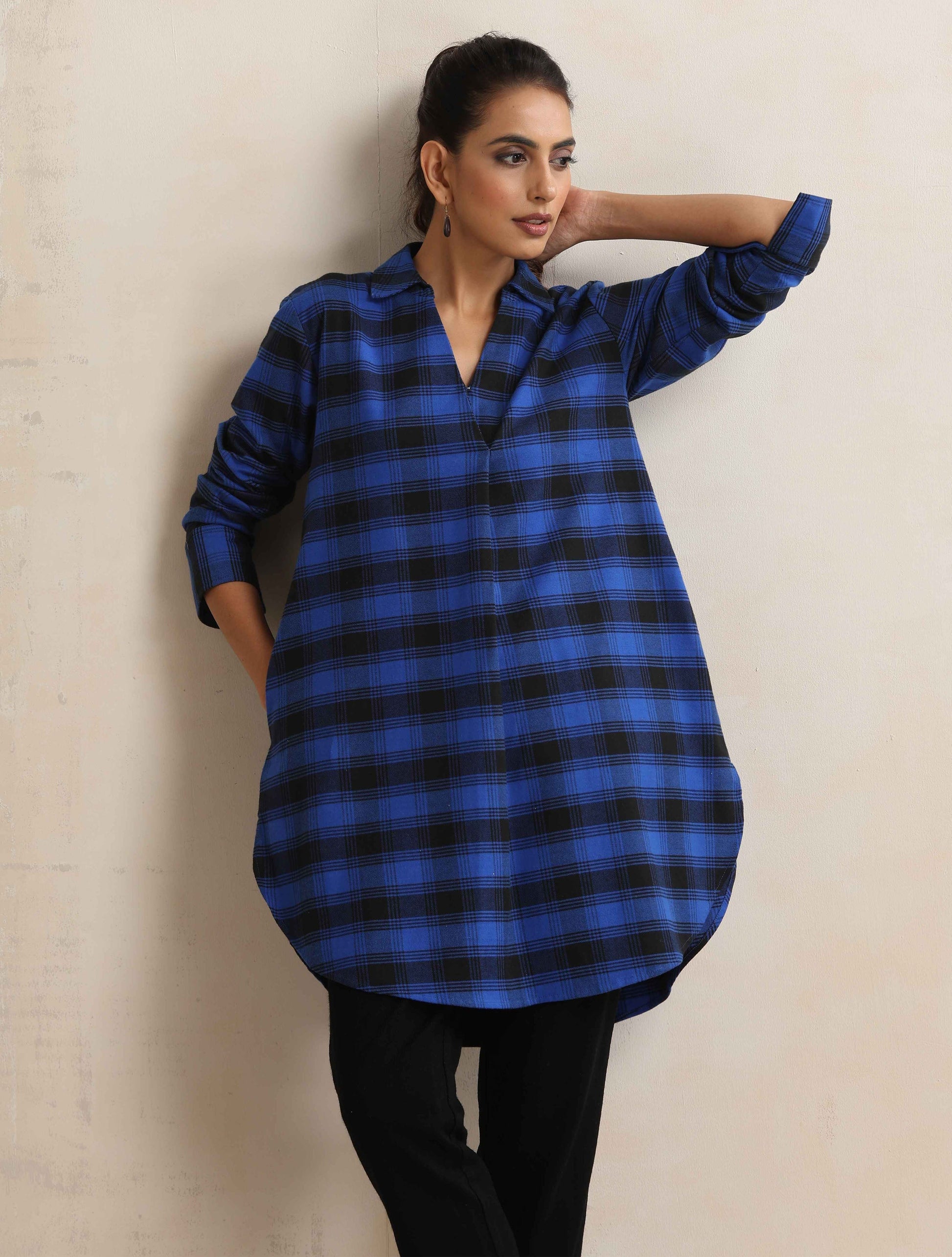 trueBrowns Blue Check Pleated Winter Top | Swadesiicart