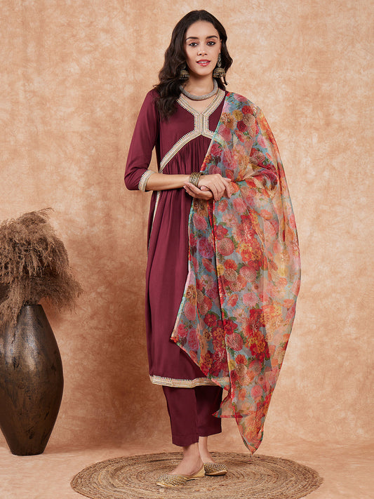 InWeave Women's Dark Burgundy Alia Neck Style Gota Set W Organza Dupatta - Swadesiicart