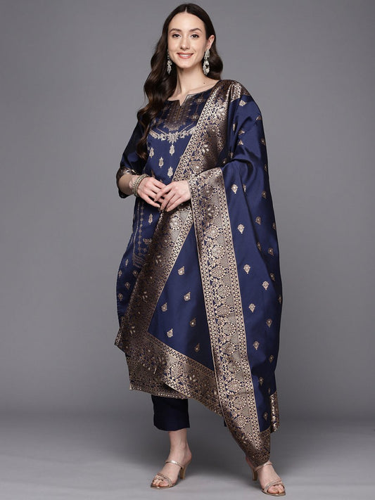 Ahalyaa Unstitched Navy Blue Dress Material | Swadesiicart