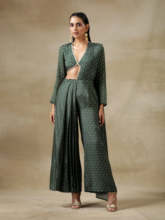 trueBrowns Dark Green Bandhani Printed Silk Palazzo Stitched Saree | Swadesiicart
