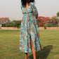 trueBrowns Teal Cotton Block Print Wrap Dress | Swadesiicart