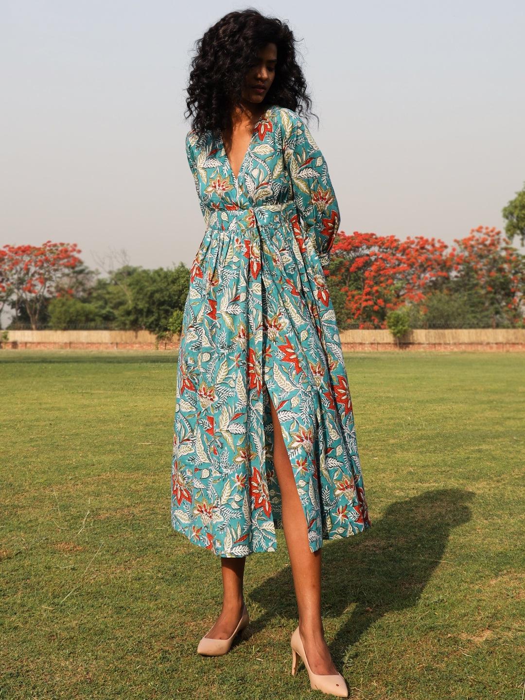 trueBrowns Teal Cotton Block Print Wrap Dress | Swadesiicart