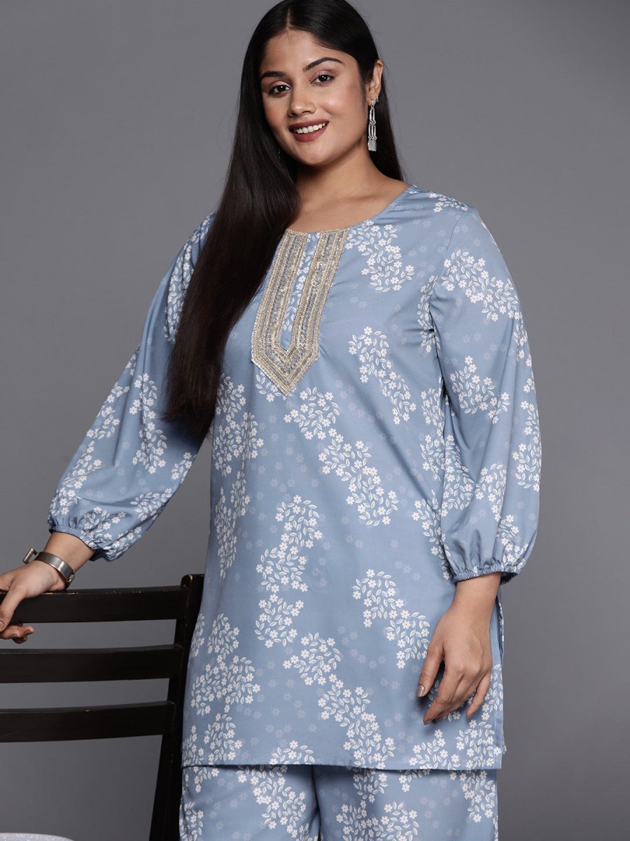 Ahalyaa Plus Size Floral Print Zari Ethnic Tunic with Palazzos | Swadesiicart