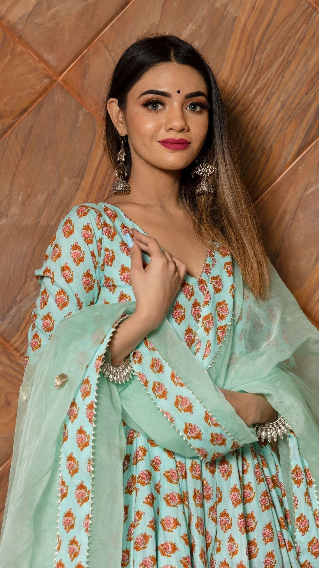 Pomcha Jaipur Lilly Of Valley Hand Block Anarkali Set | Swadesiicart