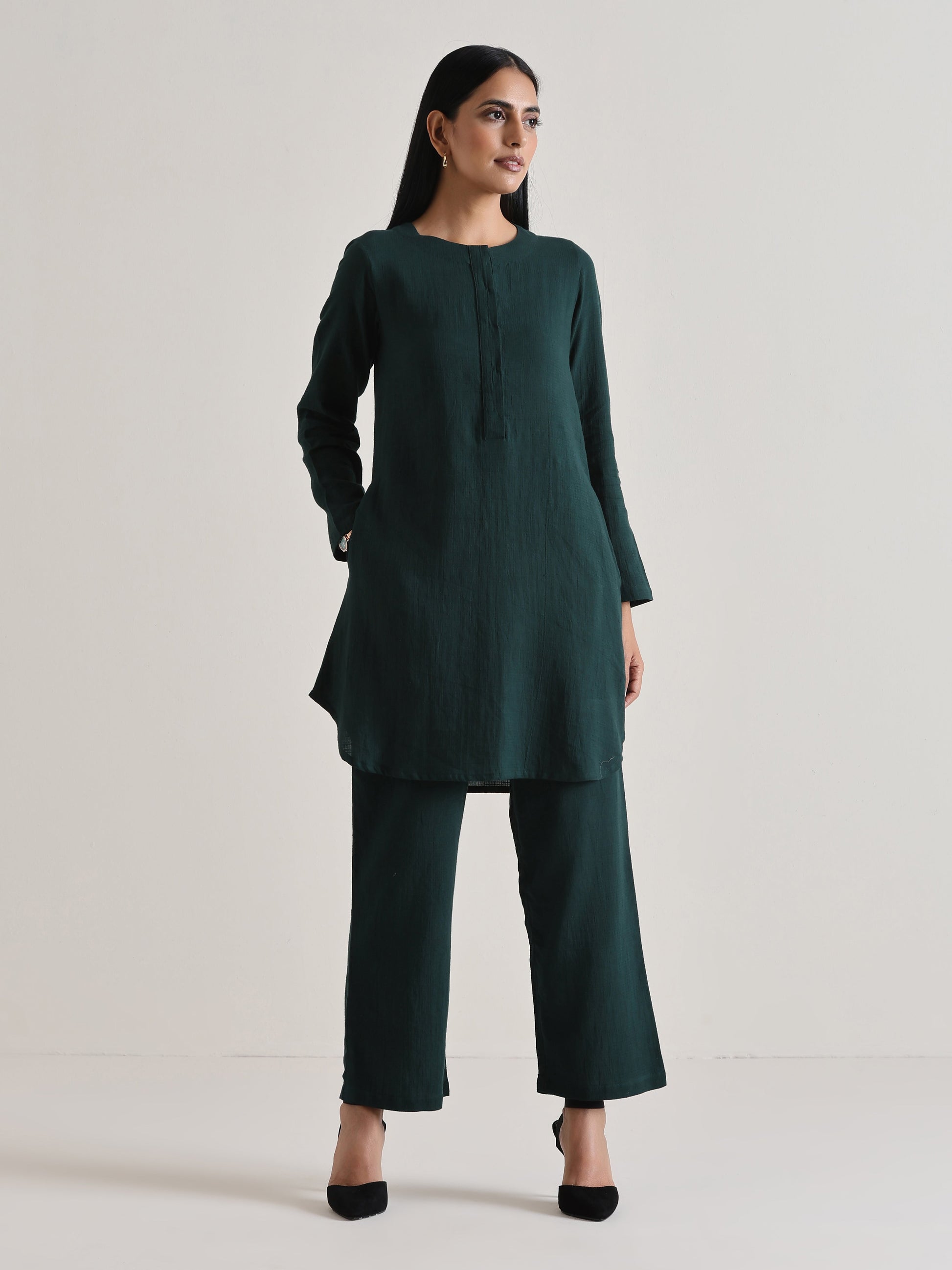 trueBrowns Dark Green Front Placket Co-Ord Set - Swadesiicart