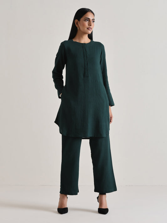 trueBrowns Dark Green Front Placket Co-Ord Set - Swadesiicart