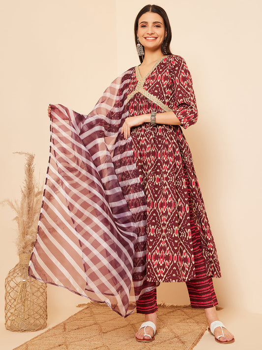 InWeave Women's Wine Ikkat Print Alia Cut Gota Work Kurta Set W Wine Leh Dup - Swadesiicart